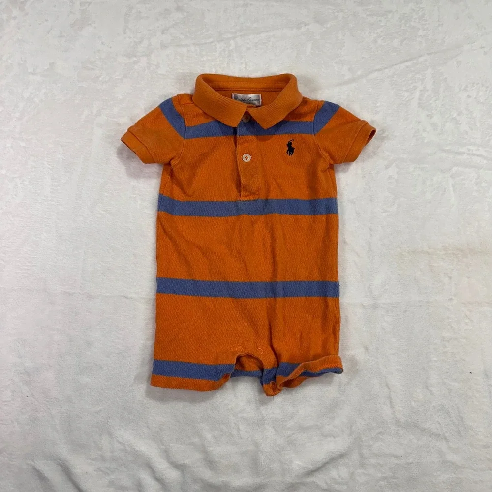 Ralph Lauren Polo Romper 6M Orange Blue Striped Short Sleeve Baby‎ Boy
